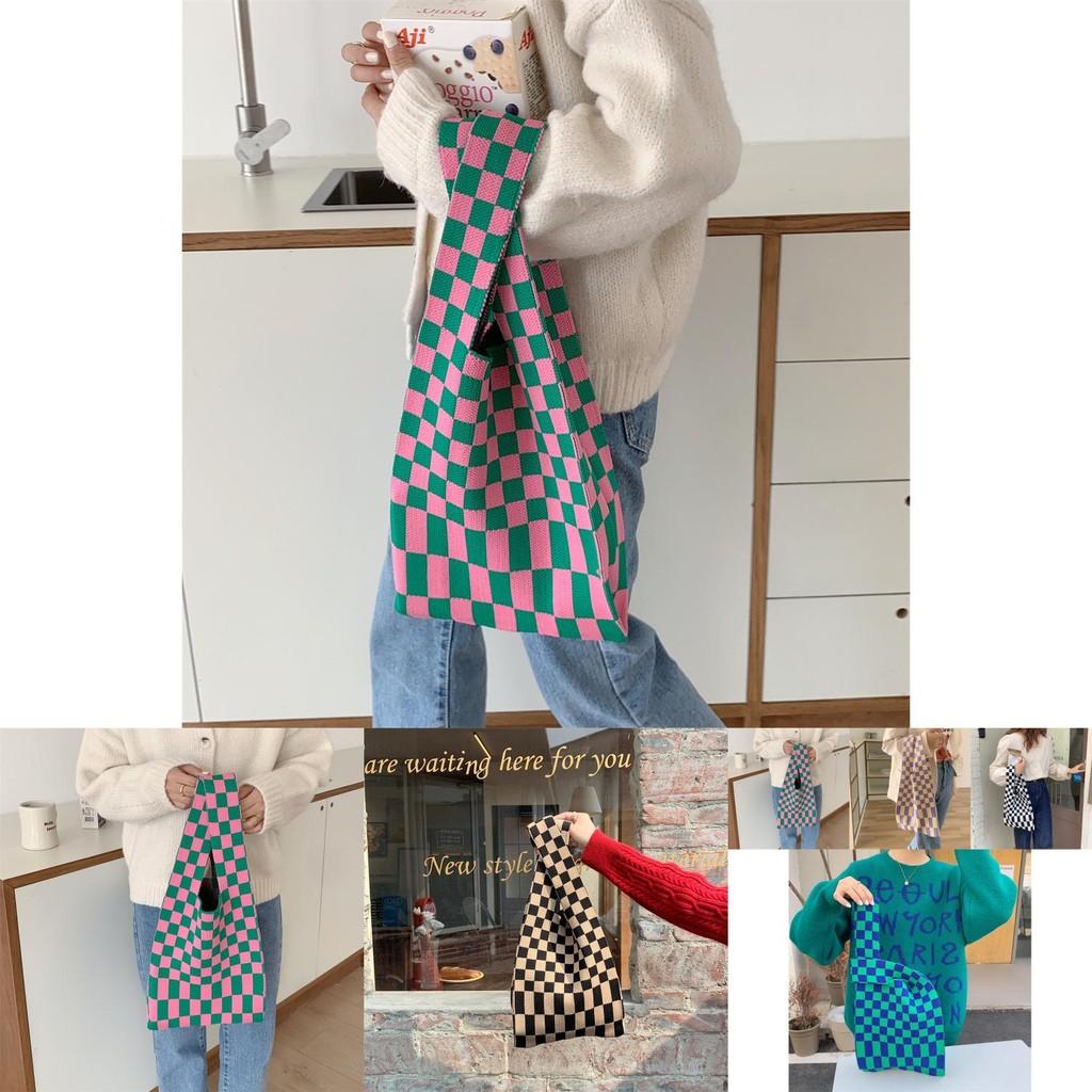 Stylish And Versatile Knitted Checkered Tote Bag With Large Capacity For Daily Use