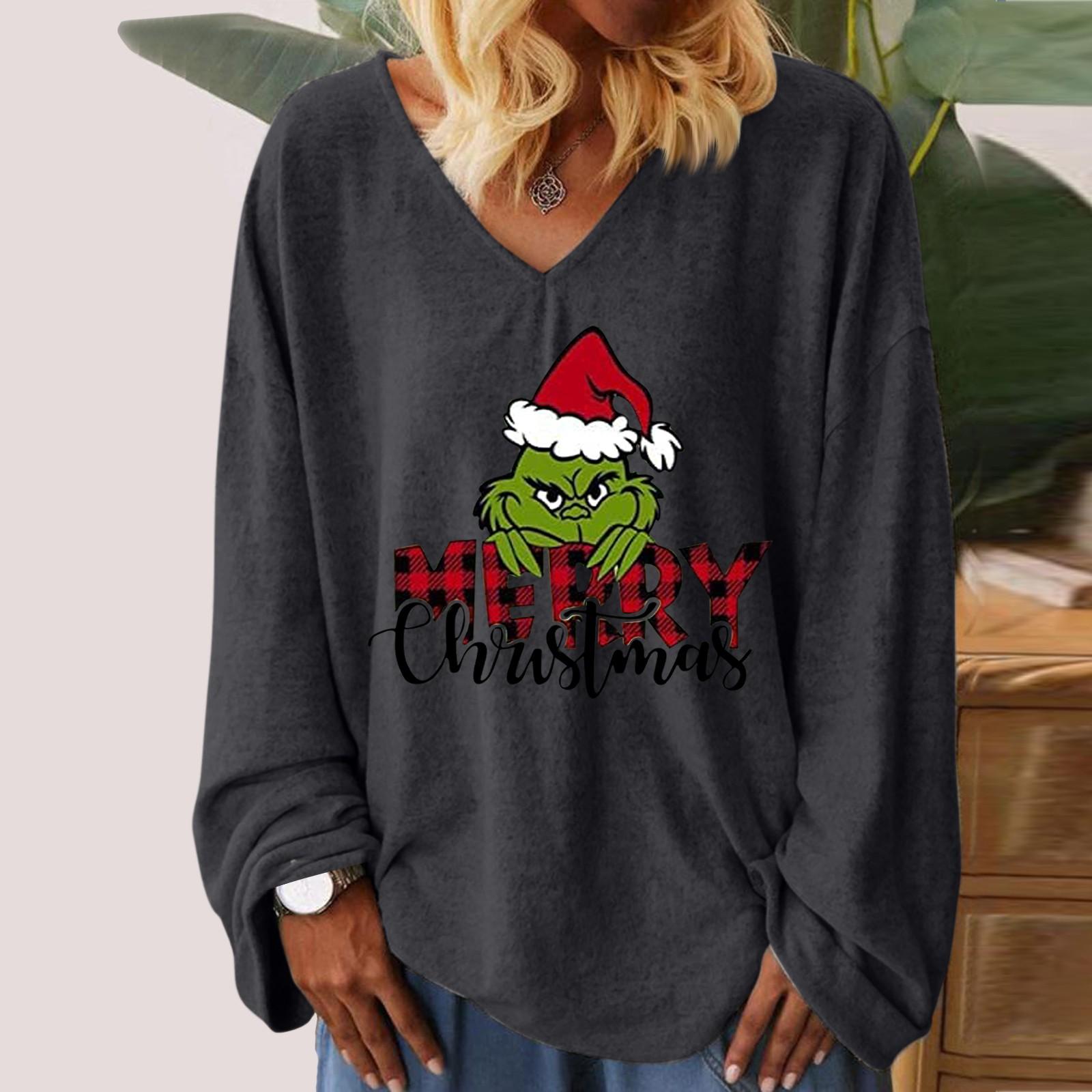 

Women s Christmas Print V Neck Loose Long Sleeved T-shirt Straight Sleeves Tops For Women XXL