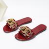 New Luxury Women's Slippers Summer Metal Buckle Crocodile Pattern Wine Red Fashionable Flat Slippers Outerwear Play Sandals