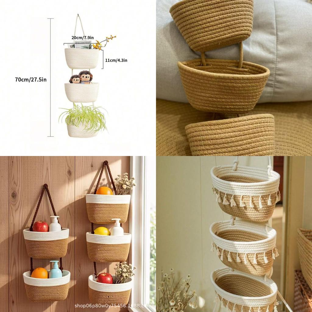 Farmhouse Wall Hanging Storage Basket With Three Layers For Dorm Room Organization