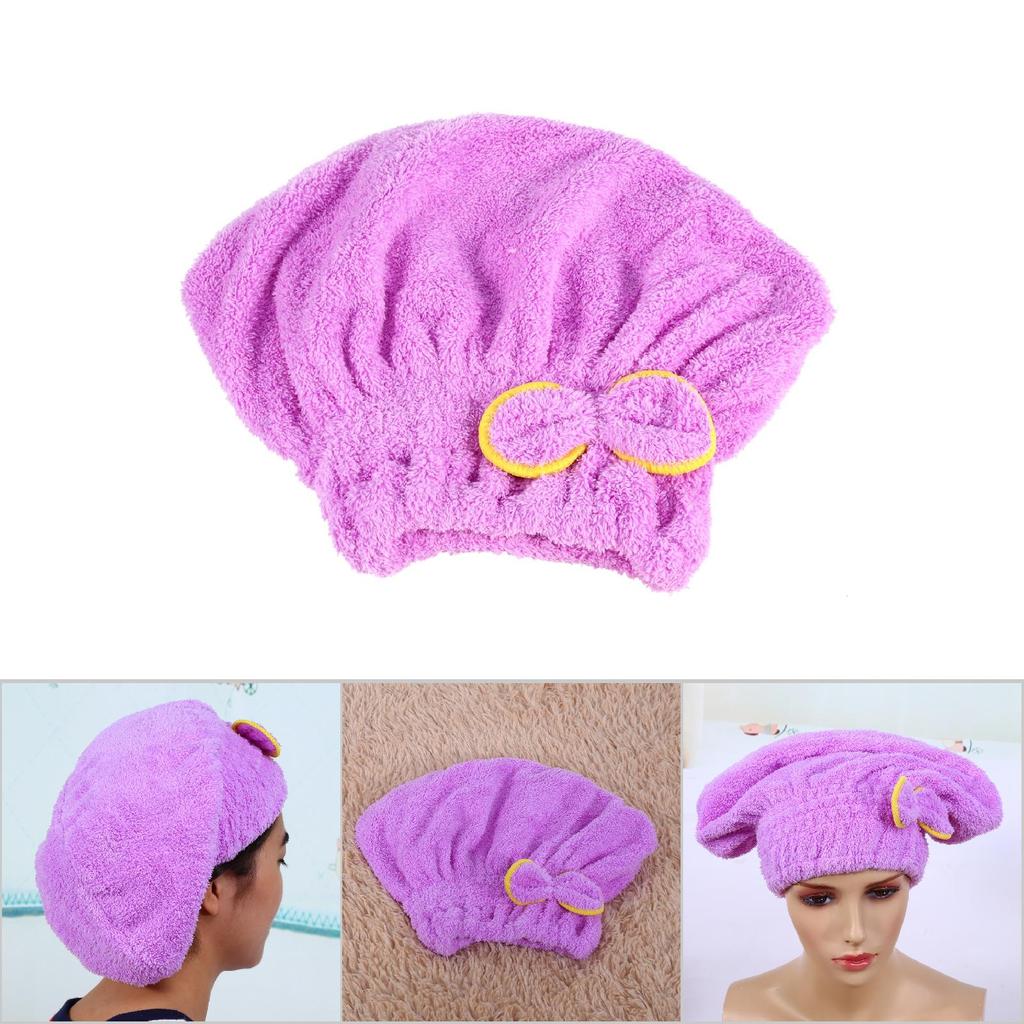 Lovely Soft Microfiber Tower Quick Dry Hair Bowknot Wrap Hat Drying Tool Cap(purple)