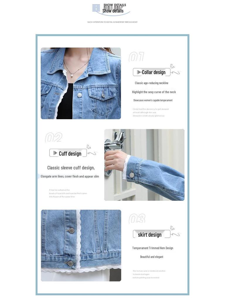 Lässige Jeansjacke im koreanischen Stil mit Spitzenbesatz