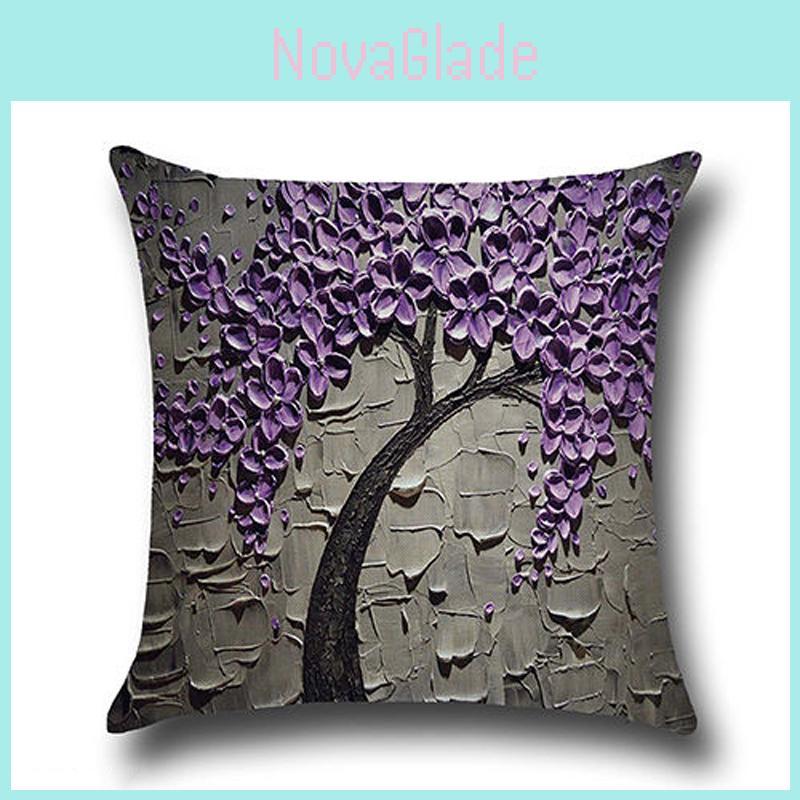 Beautiful 3d Painted Tree Flowers Cotton Linen Cushion For Living Rooms