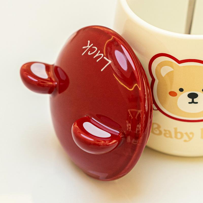 Kubek Misia z Pokrywką i Łyżeczką Uroczy Ceramiczny Kubek do Wody Dziewczęcy Wysoki Wygląd Kreskówkowy Kubek Biurowy dla Pary Użytek Domowy