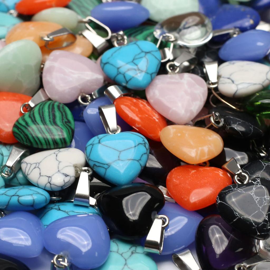 10Pcs, Natural Stone Heart Pendant, Spiritual Healing Crystal Turquoise Agate Amethyst Gems Charms for Jewelry Making DIY Necklace Accessories Crafts