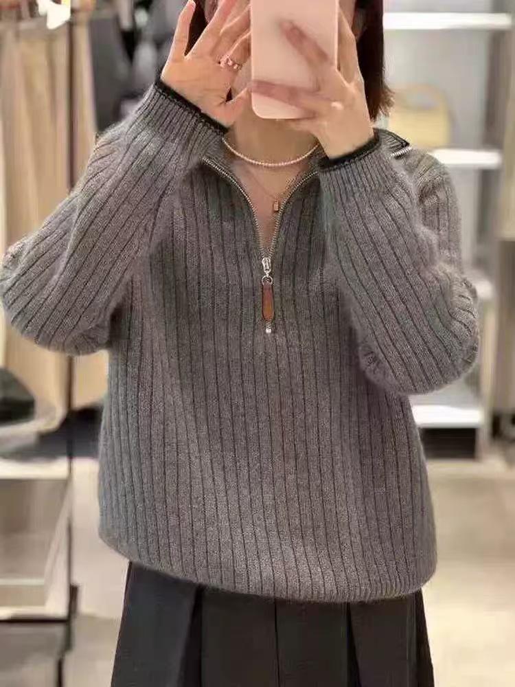 Women’s Pure Wool Stand Collar Half-Zip Vertical Stripe Knit Pullover - Autumn/Winter Casual Long Sleeve Baselayer