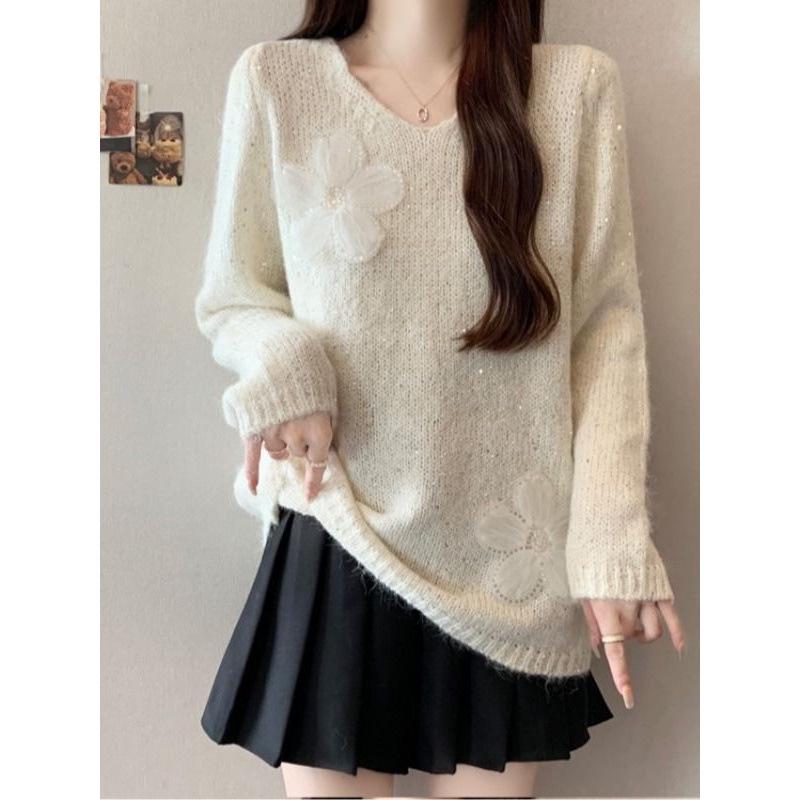 

High-End 3D Flower V-Neck Sweater for Women - Spring/Autumn Loose Fit, Slimming Knit Top for Moms and Expecting Moms. Extra Large сірий колір