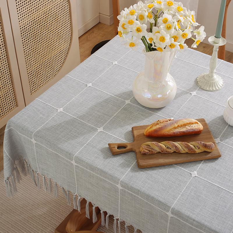 Simple Fabric Plaid Tablecloth Hand-Torn Tassel Imitation Cotton And Linen Dust-Proof Dining Table Mat Decorative Tablecloth Cover Towel