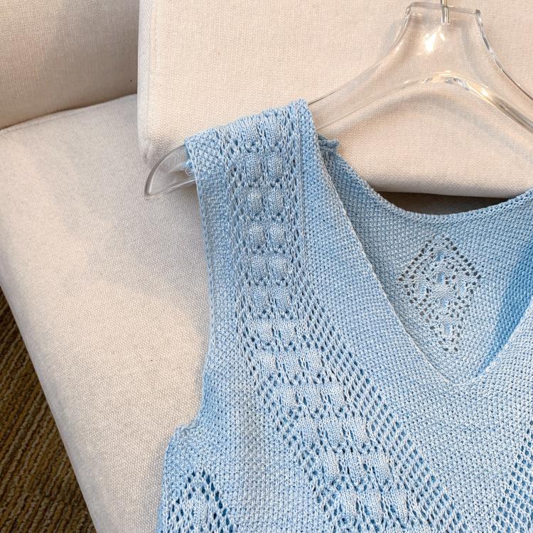 Letní a podzimní design Bez rukávů Rozparek Vesta Dírkovaná Pletená košile Top z ledového hedvábí pro ženy