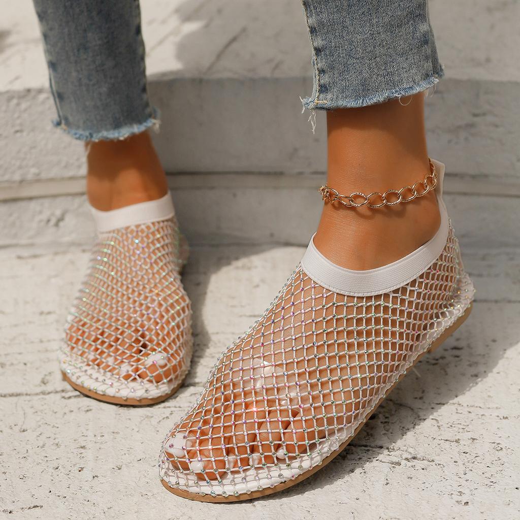 Summer new round head large size sandals hollow rhinestone cover toe sandals summer sexy flat sandals