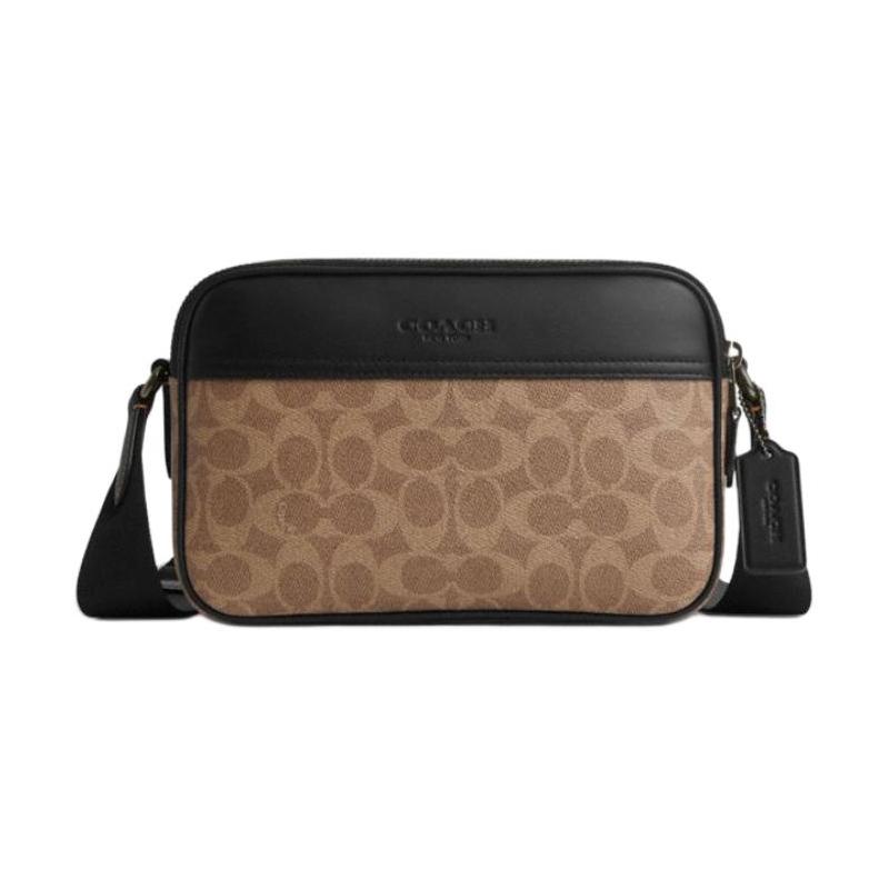 COACH Graham 23 Logo Adjustable Strap Faux Leather and Calf Leather Shoulder Crossbody Bag Medium Men s Tan and Black чёрный