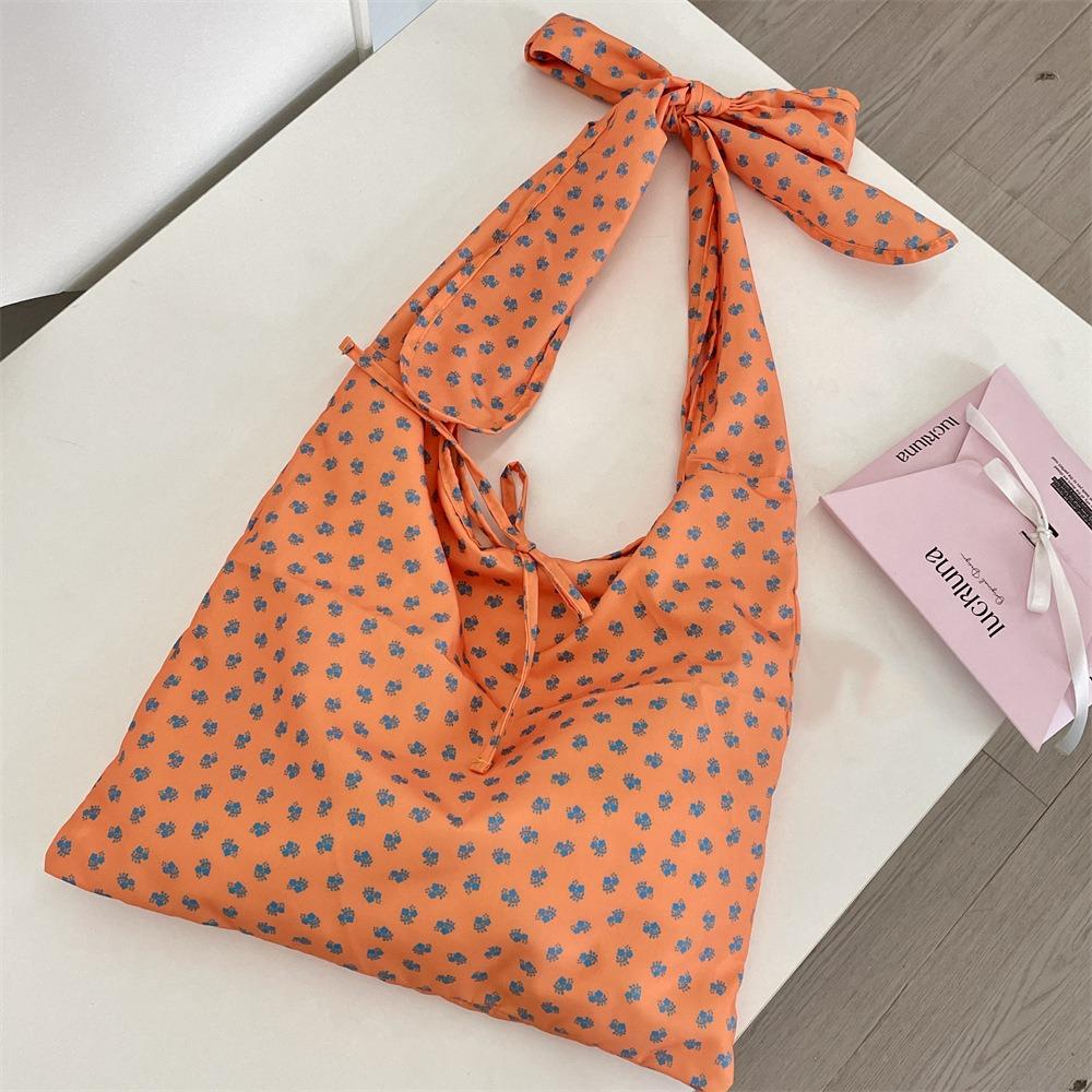 Prined Floral Pattern Canvas Bag Lightweight Handbags Fashion Tie Bow Shoulder Bag  Outdoor
