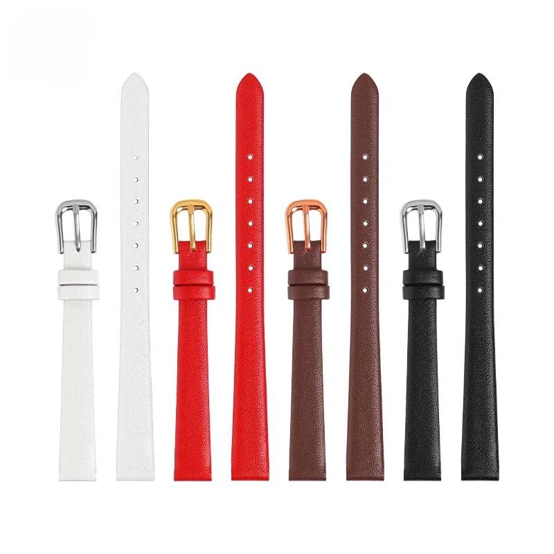 Women's Genuine Leather Watch Bracelet Mini Band 6mm-12mm Red Color Small Strap Fashion Watchband for 14mm Wristwatches