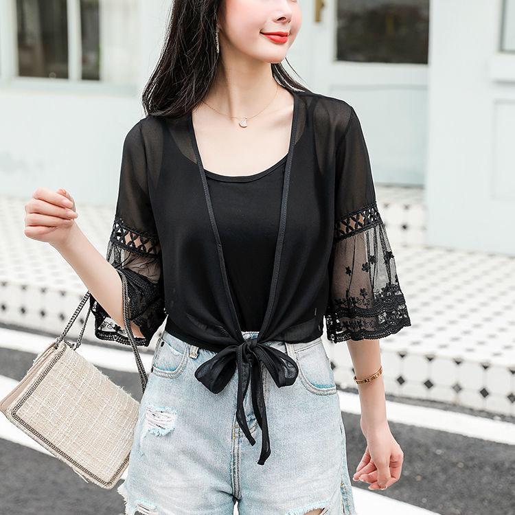 Camicia estiva da donna in chiffon con protezione solare, piccolo scialle, sezione sottile, camicetta corta da donna