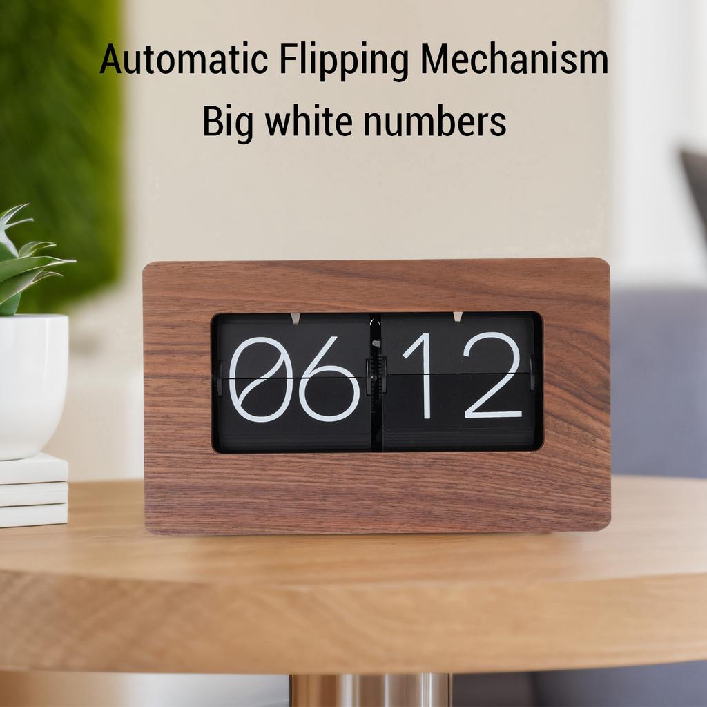 Vintage Wooden Auto Flip Clock Digital Mechanical Flip Table Clock 24 Hour Retro Desktop Ornament