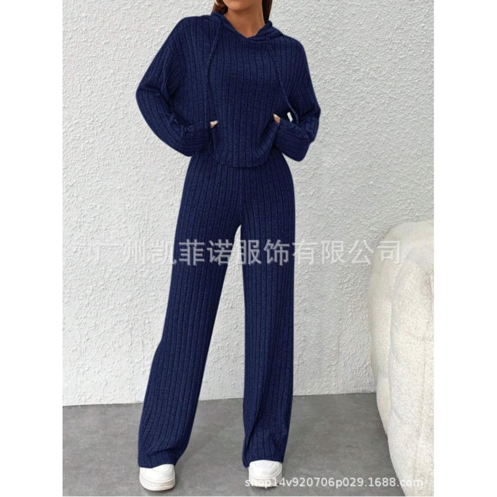 Herbst- und Winter-Freizeit-Strickset mit langen Ärmeln, Damen-Kapuzensweatshirt, lockere Hose zweiteiliges Set