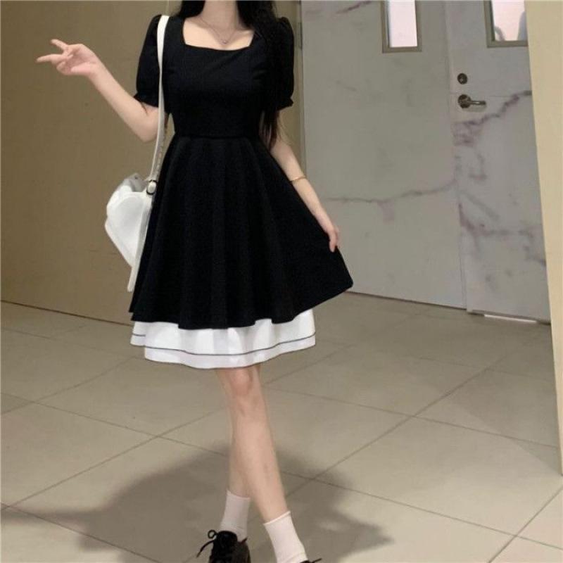 

2025 Black Swan Color Block Slimming Little Black Dress – Summer Mid-Length Short Sleeve Commute Design Double Extra Large