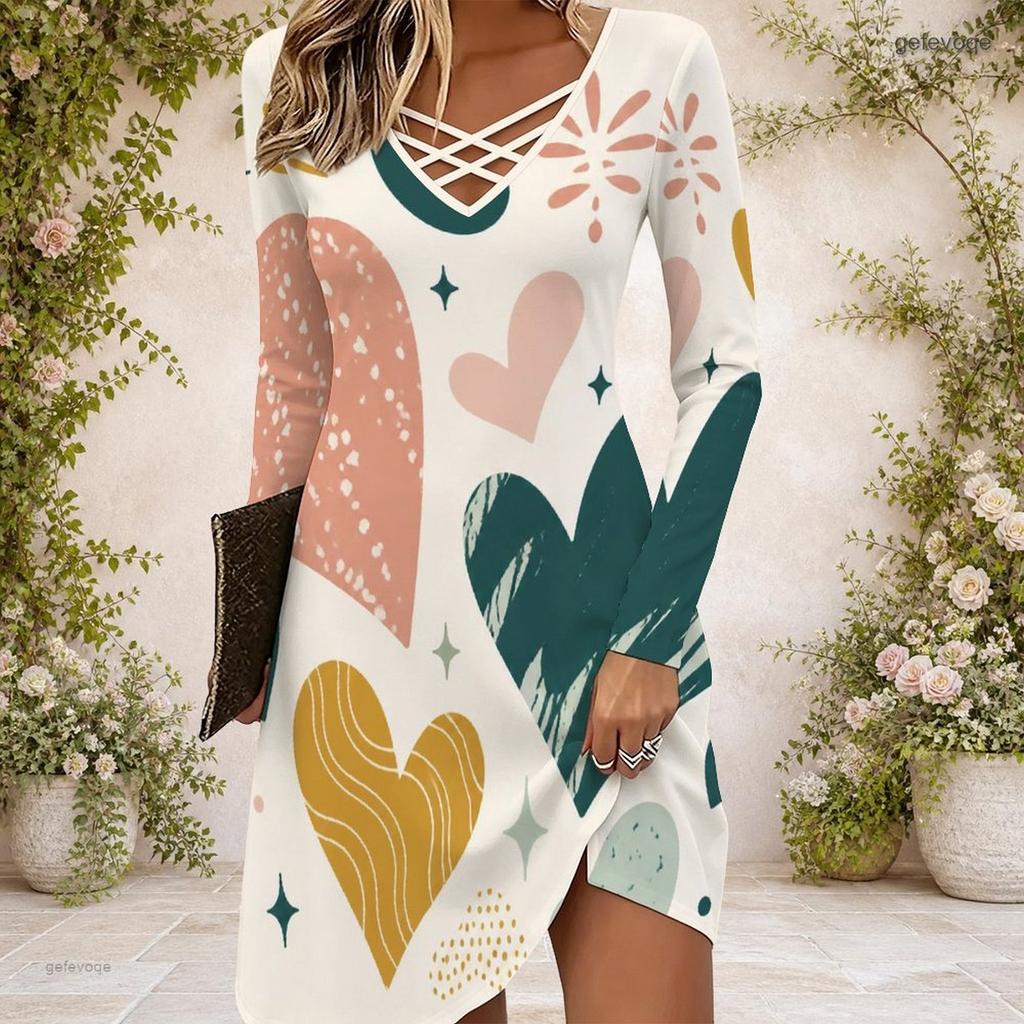 Damen Cross V-Ausschnitt Langarmkleid Aquarell Spritzer Herz Muster Unregelmäßiger Saum Kleid