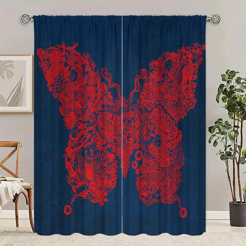 

Red Butterfly -2 pieces - Printed curtain, 100% polyester material, suitable for home decoration 29Wx64L(75x166CM)x2