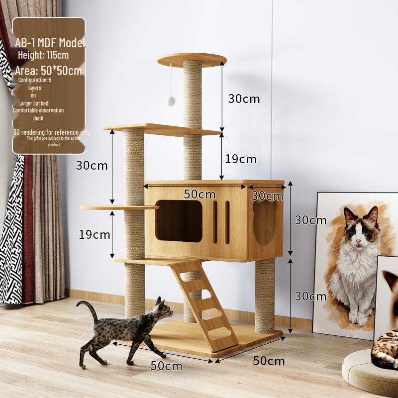 Solid Wood Large Cat Tree with Space Capsule and Jumping Platform