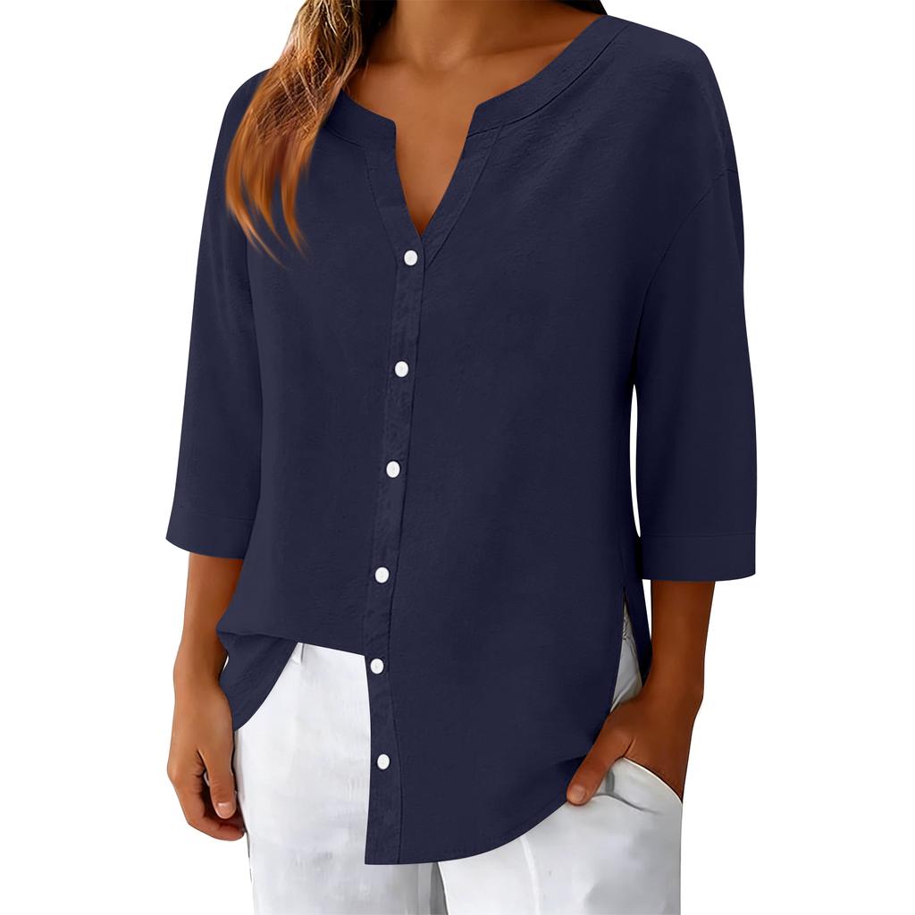 Women's 3/4 Sleeve Button Up Shirt V Neck Dressy Casual Summer Blouses Business Tops Work Collared Shirts