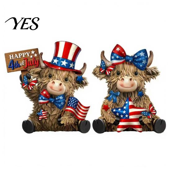 Showcase Decorative Figurine 2 Pcs 4th of July Patriotic Highland Cow Figurines, Wooden Independence Day Red Holiday Tabletop Accent White Blue Cattle A