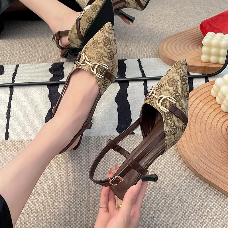 Women's Fashion Baotou Sandals Spring  Pointed Head Shallow Mouth Metal Buckle Anti-slip Wear-resistant High Heels