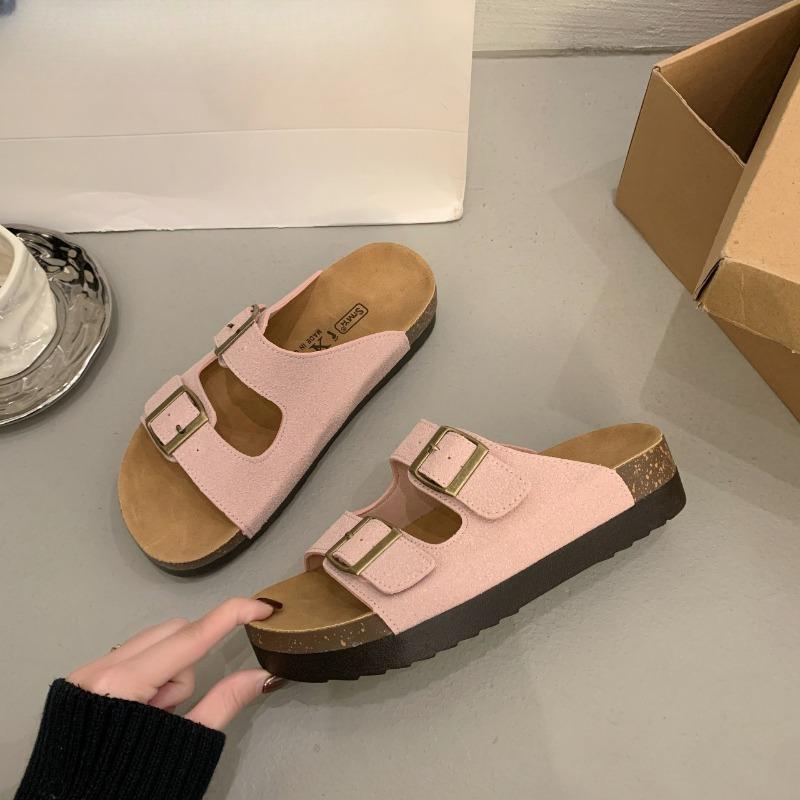 New Retro One-line Casual Beach Shoes for Women with Thick Soles and Soft Leather Slippers