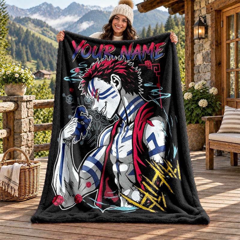 Akaza Demon Slayer Individueller Name Flanelldecke Personalisierte Weiche Warme Plüschdecke Maßgeschneidertes Geschenk für Familie Freunde