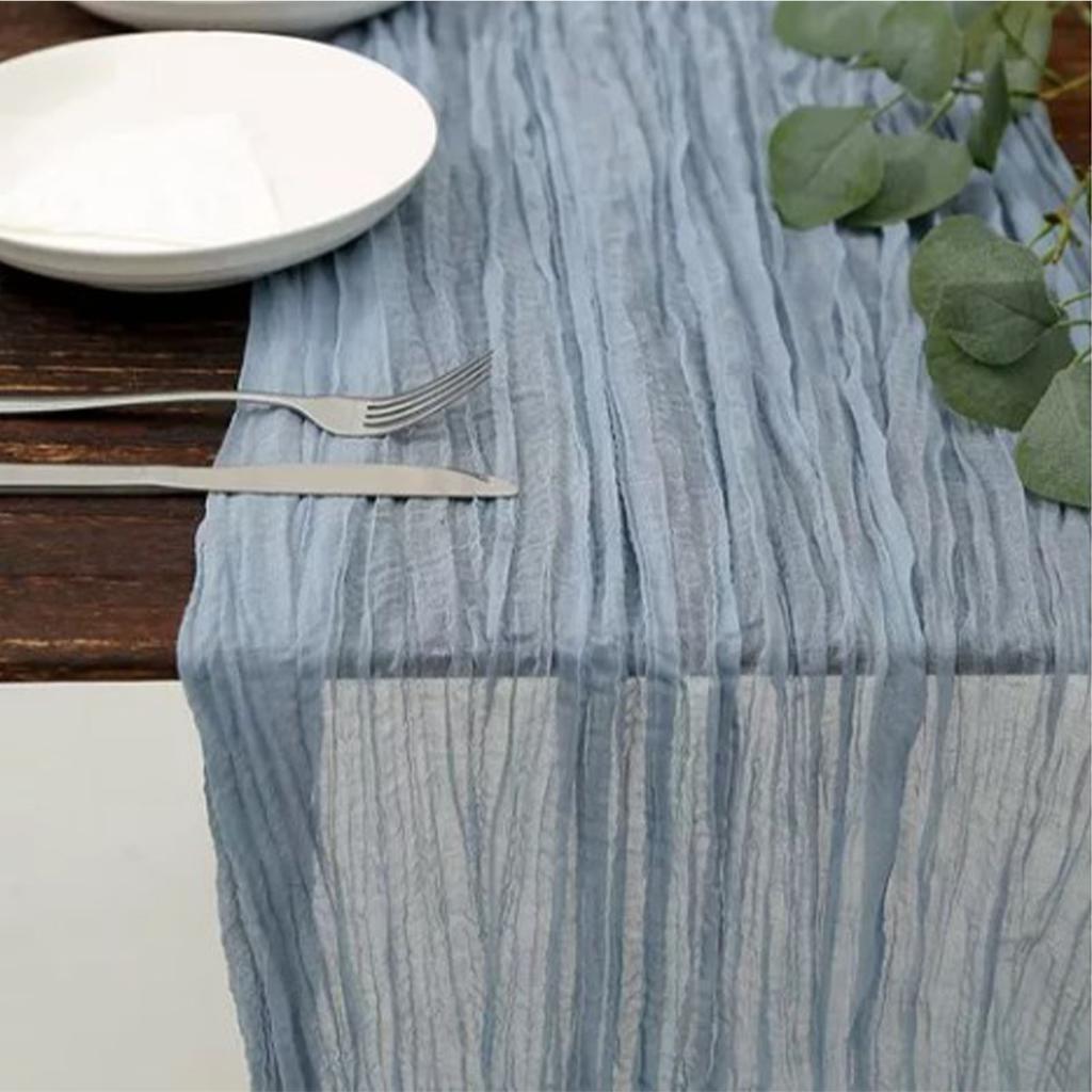 Bohemian Style Table Runner Blue Polyester Table Cloth Gauze for Wedding Candlelight Dinner