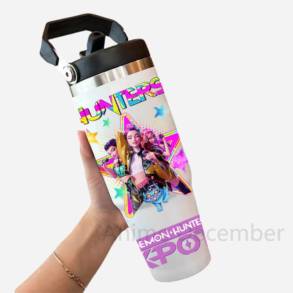 30Oz K-Pop Portable Car Cup Stainless Steel Thermos Cup with Straw Travel Sports Water Bottle with Handle Cover Coffee Vacuum Flask