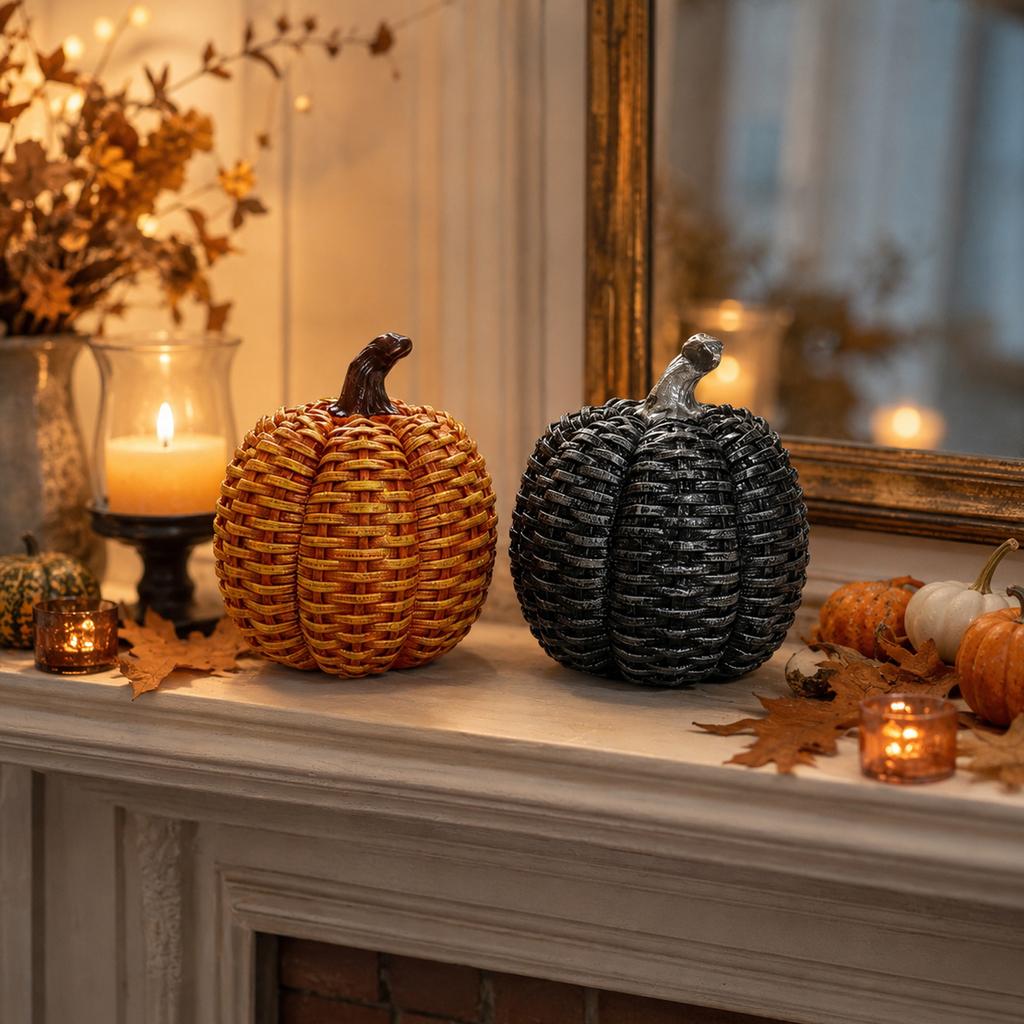 Halloween Resin Woven Pumpkin Decor for Tabletop Mantel Shelf