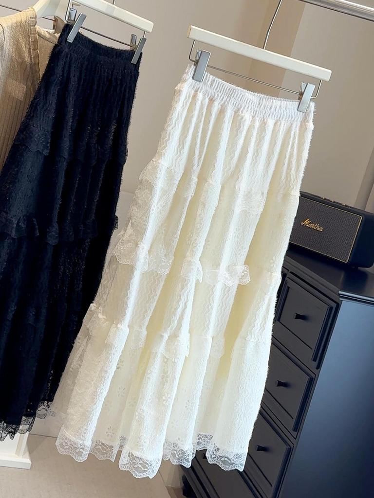 Women's High-Waist Ballet-Inspired Lace Midi Skirt, Slimming A-Line, Multi-Layered for Autumn.