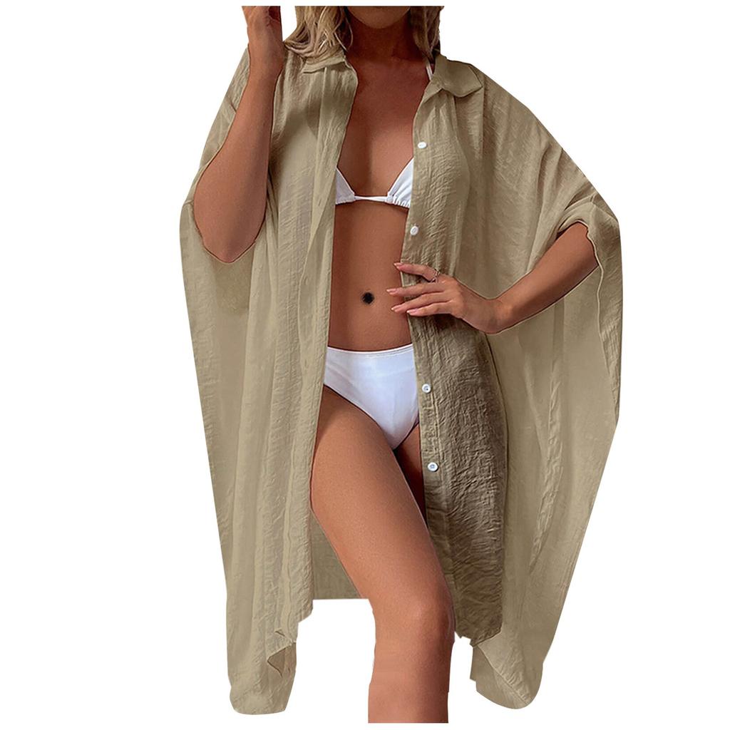 Women's Cotton Shirt Loose Beach Cardigan Holiday Sunscreen Bikini Cover Up Swimsuit Outer Cardigan