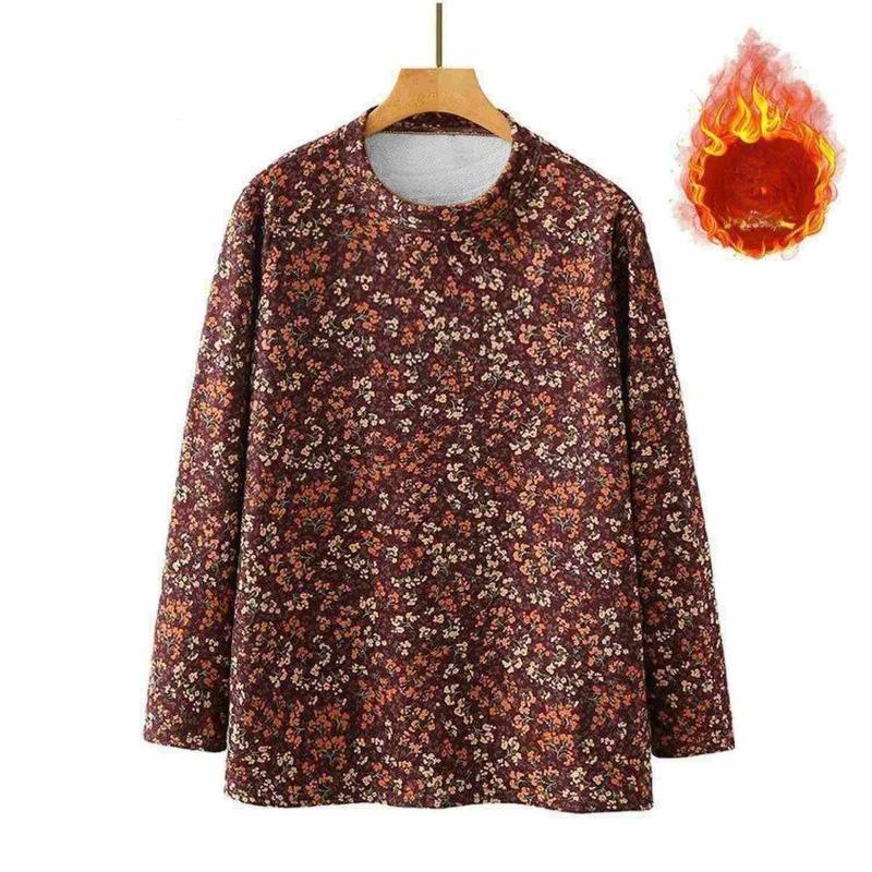 

Женская футболка больших размеров Осень и Зима Круглый вырез Плюс бархатный топ Цветочная Толстая Базовая Рубашка 2XL