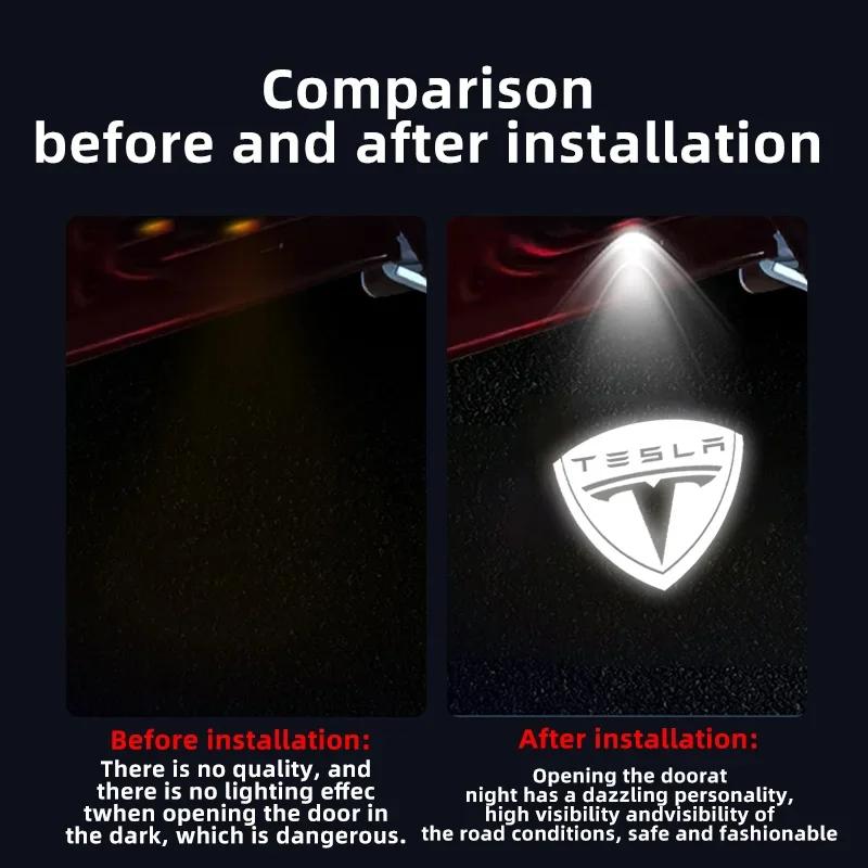 Car Sticker 2025 New Tesla 2pcs For Tesla Model Y 3 S X Door LED Logo Projector Puddle Light Super Bright Welcome Light Laser Sh