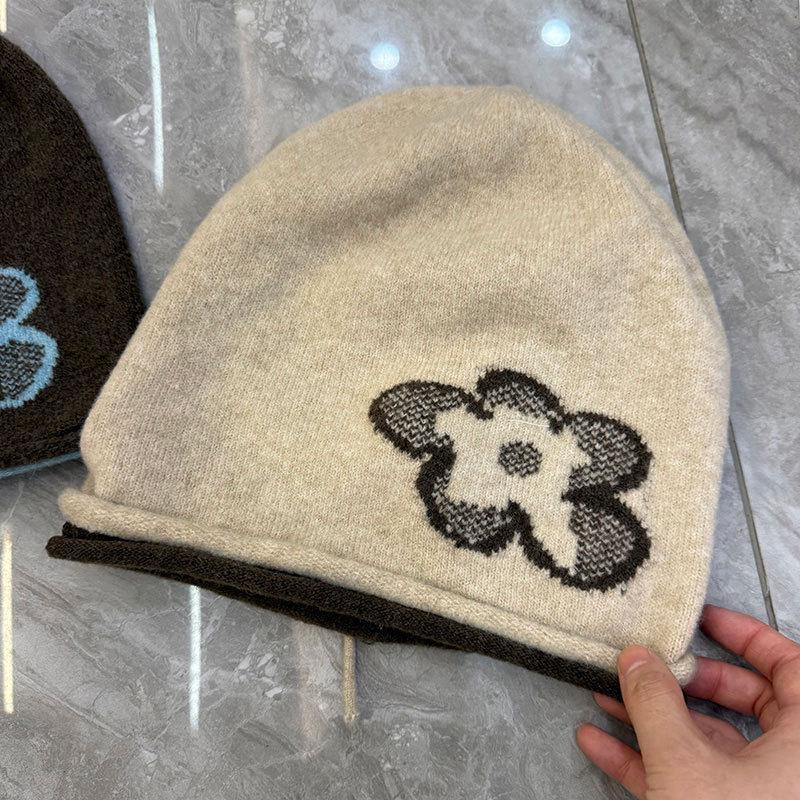 Ins Wool Drawstring Flower Soft Waxy Knitted Hat Men and Women Autumn and Winter Versatile Face Small Pile Hat Cold Hat