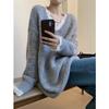 New Korean Fashion Lace Patchwork Pullover Loose Sweater Women Knitted Casual Versatile Tops Autumn and Winter V Neck Long Sleeve Solid Color Clothes