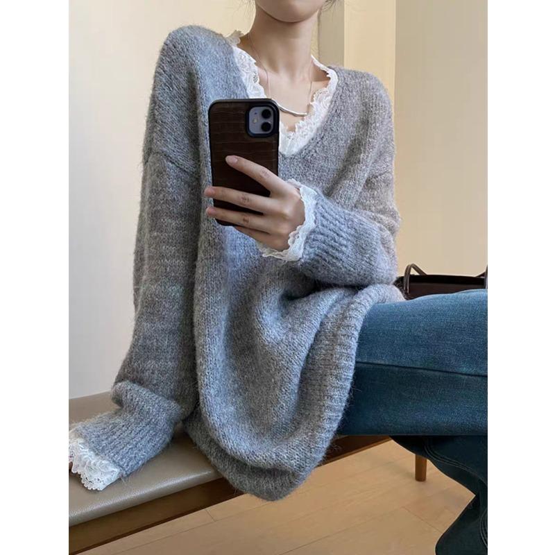 New Korean Fashion Lace Patchwork Pullover Loose Sweater Women Knitted Casual Versatile Tops Autumn and Winter V Neck Long Sleeve Solid Color Clothes