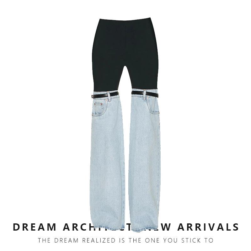 

2023 Spring High-Waisted American-Style Patchwork Wide-Leg Jeans for Women Extra Large чорний/джинсовий