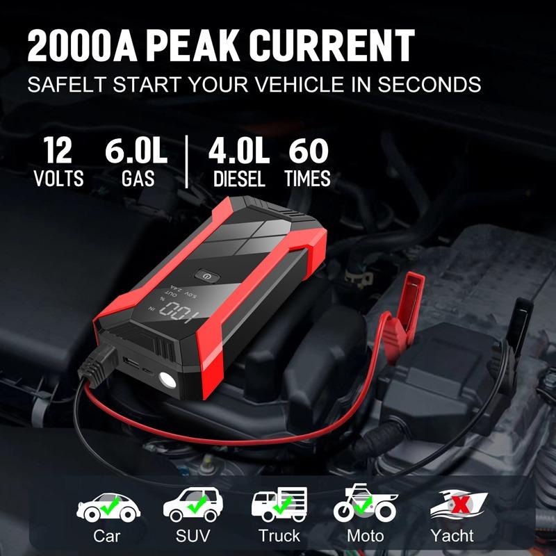 EAFC Protable Car Jump Starter Emergency Power Bank, 12V Portable Car Booster For 6.0L Gas & 4L Diesel Cars