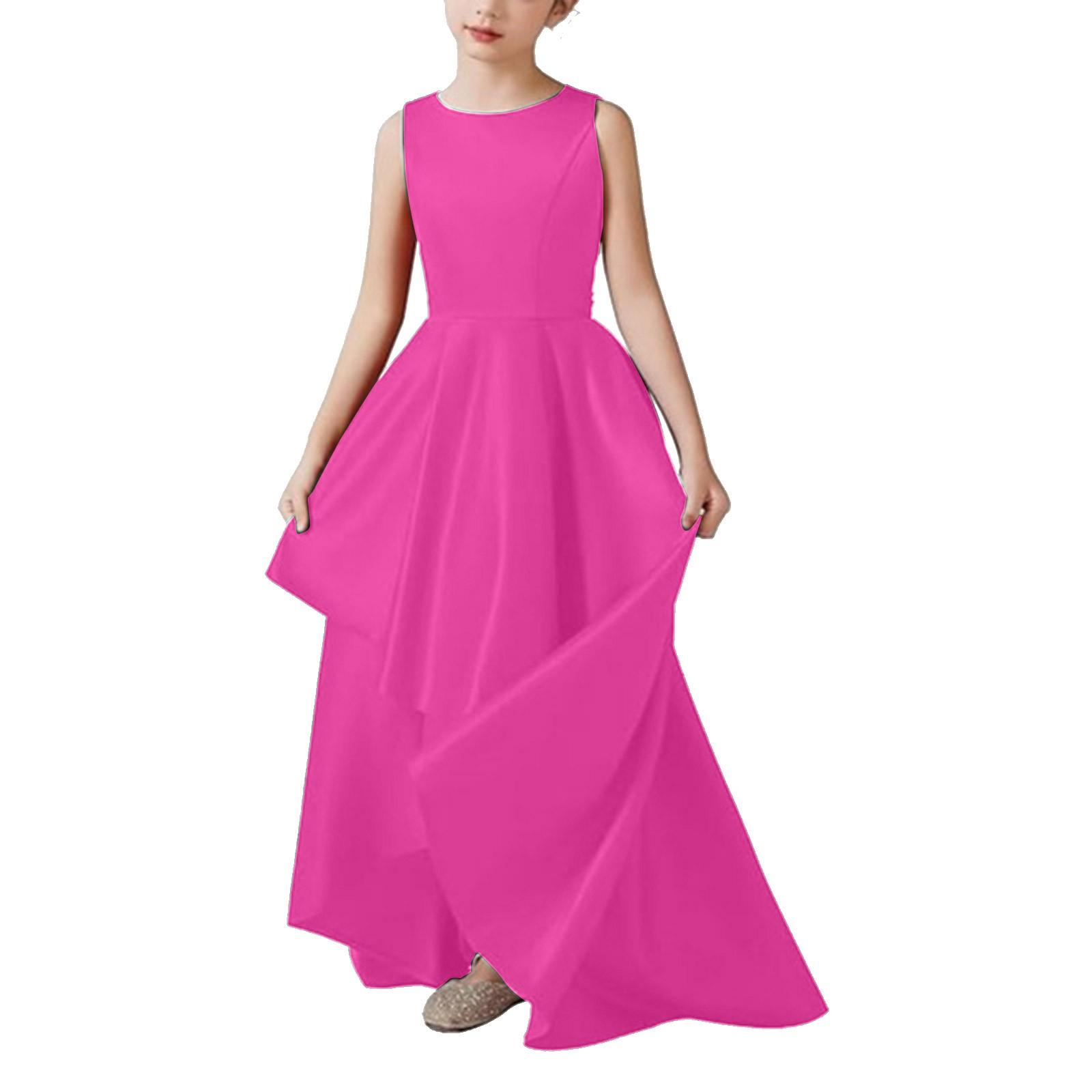 

Атласное платье для девочек без рукавов с круглым вырезом и асимметричным подолом 120