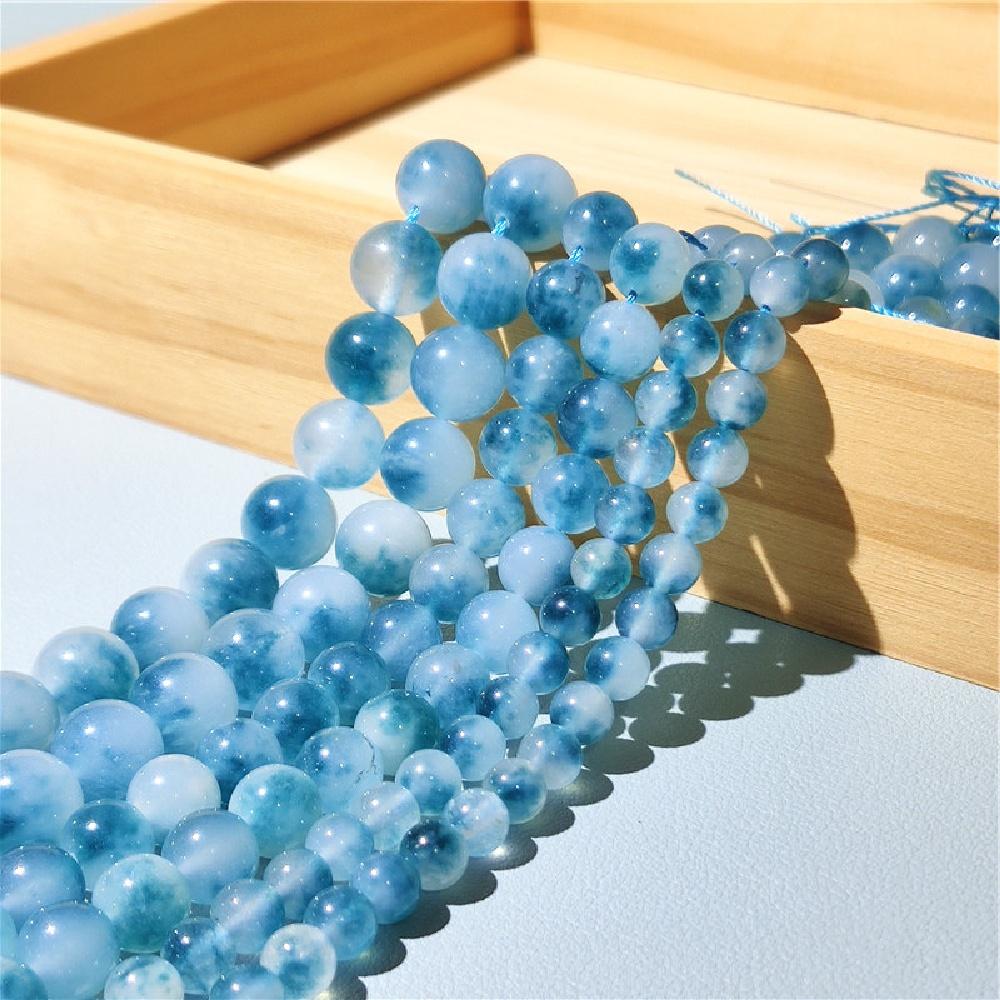 Smooth Blue Chalcedony Floating Jades Natural Stone 15" Smooth Loose Spacer Beads 4/6/8/10/12mm for Jewelry Making DIY Bracelets Charms Accessories
