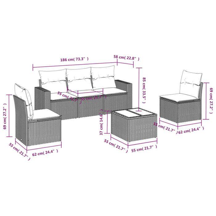 VidaXL Salon de Jardin avec Coussins 6 pcs, Canapés avec Pieds Réglables, Ensemble de Meubles d'Extérieur Patio Terrasse, 3251135