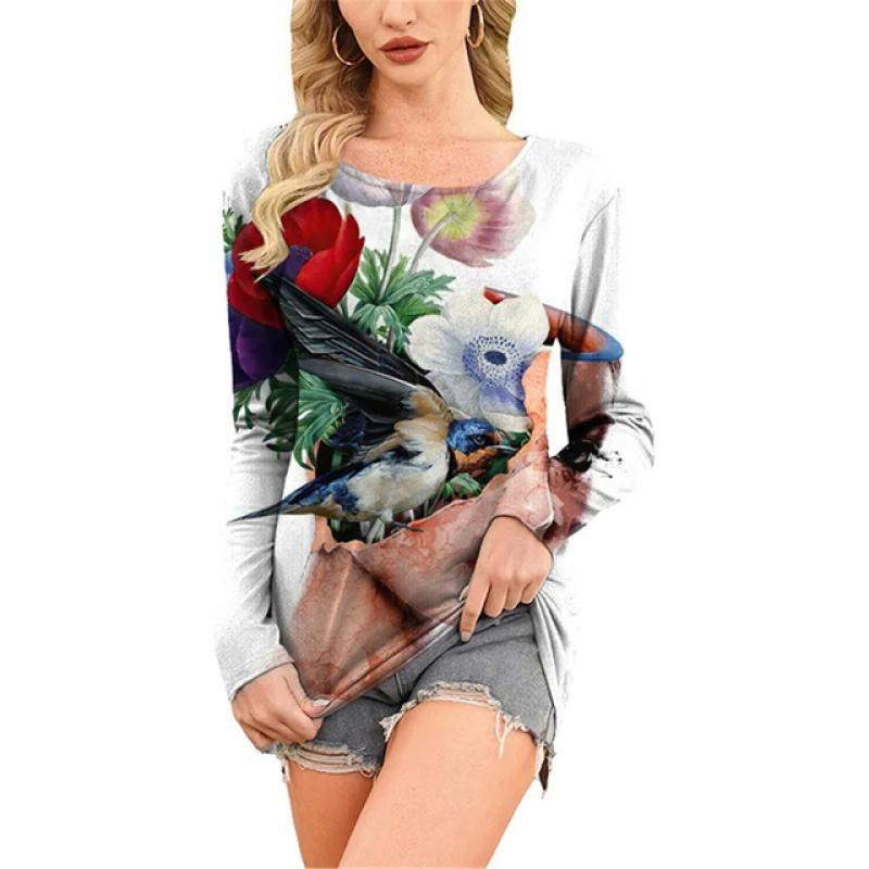 European and American Fashion Oil Painting Style Printed Casual Long Sleeved T-shirt O Neck Oversized Tees Tops Women's Clothing
