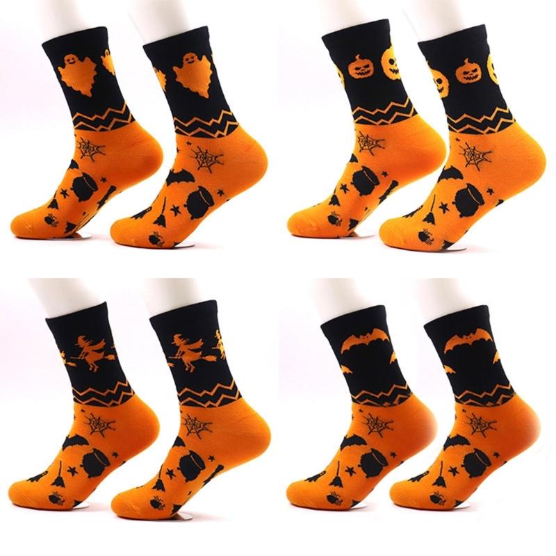 Comfortable Cotton Crew Socks with Spooky Ghostly Pumpkin Pattern for Halloween Festivities Middle Tube Calf Socks