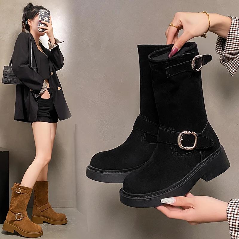 Women Western Cowgirl Boots Fashion Belt Buckle Shoes Autumn Winter Thick Heel Women's Mid Calf Booties  Women Shoes