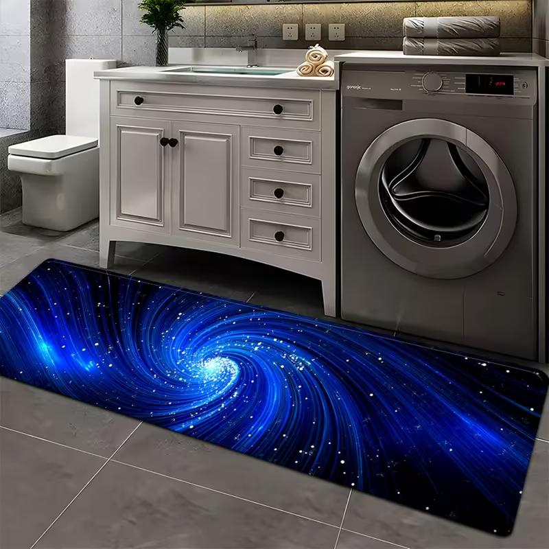 Blue Galaxy Swirl Print Runner Rug Soft Flannel Washable Floor Mat for Bathroom Bedroom Entryway Space Themed Home Decor
