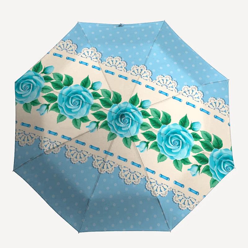 1pc Blue Rose Lace Pattern Automatic Folding Umbrella - 8-Rib Durable Iron Frame, Compact Portable for Daily Travel yy251205077