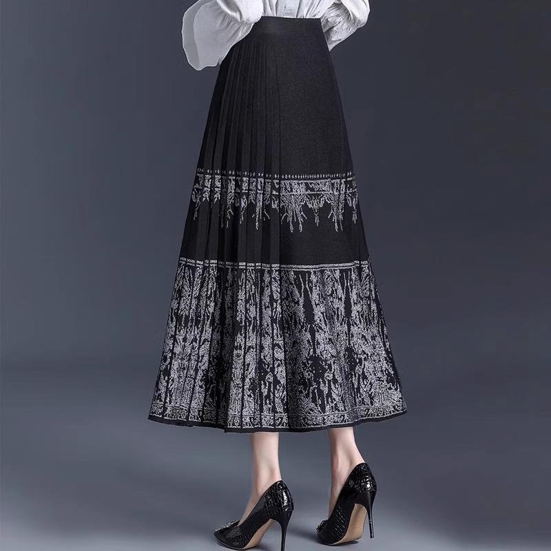 Chinese National Style Wool Mid-Length Pleated Skirt - Autumn/Winter Slimming Retro Knit for Women